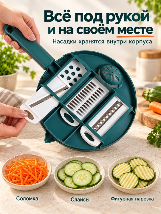 Ko‘p funksiyali qo‘lda ishlatiladigan sabzavot kesgich idish va nasadkalar to‘plami bilan