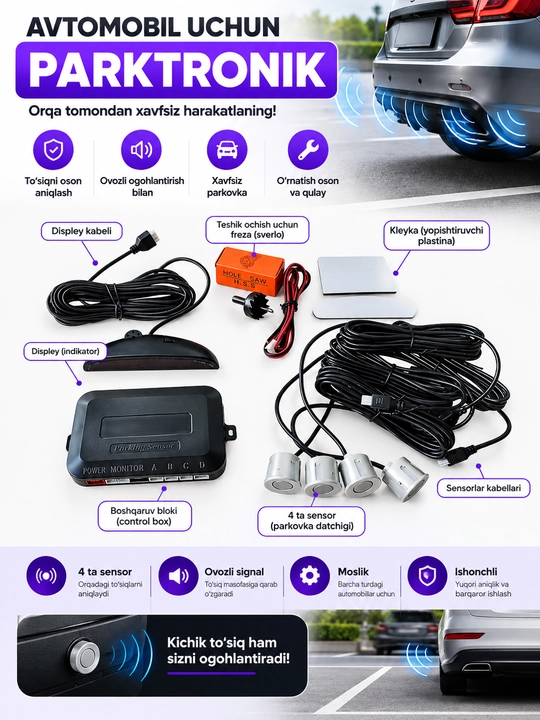 Avtomobil uchun parktronik (4 ta datchikli va displey ko'rsatkichli parkovka tizimi) - 