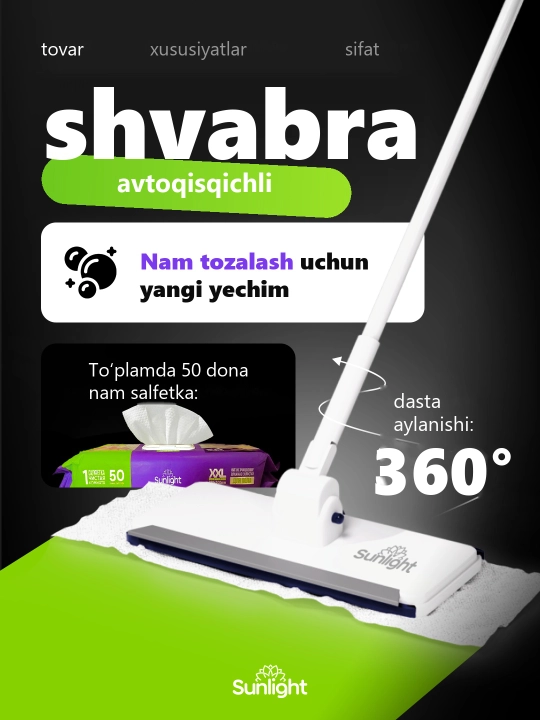 Yassi shvabra Sunlight, nam salfetka uchun, avtoqisqichli, 360°, 50 dona salfetka bilan