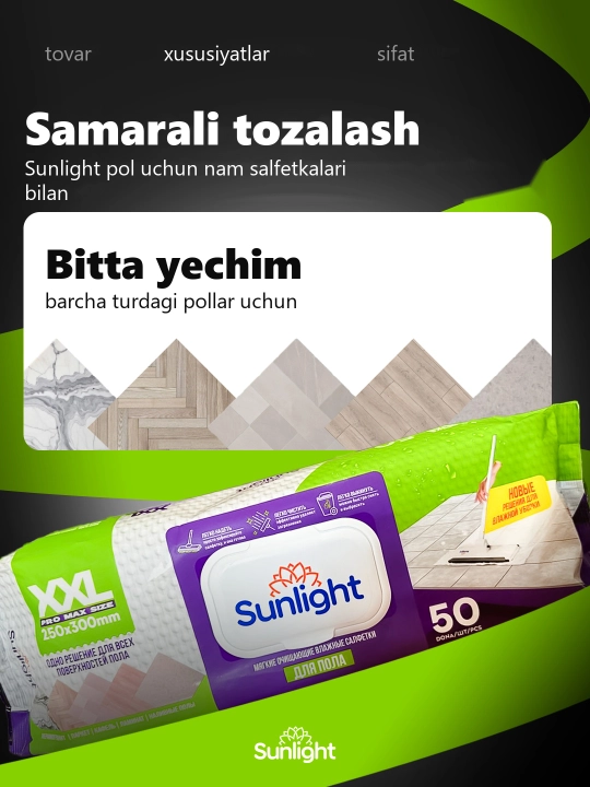 Yassi shvabra Sunlight, nam salfetka uchun, avtoqisqichli, 360°, 50 dona salfetka bilan