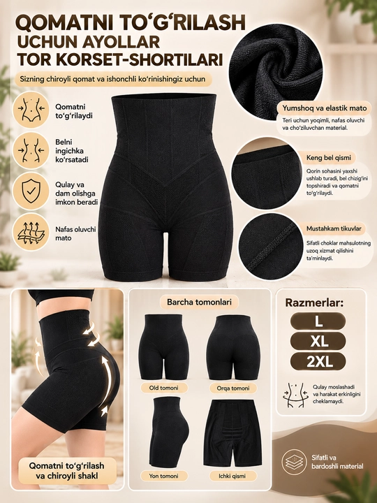 Ayollar uchun yuqori belli to‘g‘rilaydigan shortiklar, tor ichki kiyimlar, XL-3XL