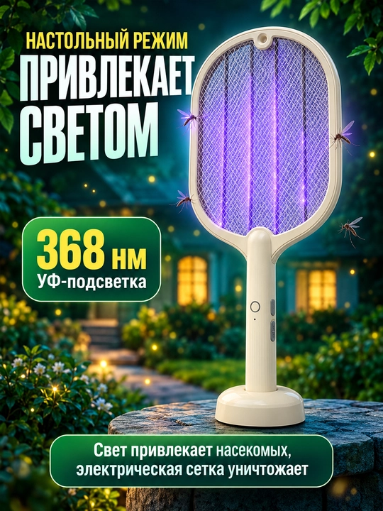 Электрическая мухобойка-ракетка 2-в-1 с УФ-подсветкой и USB-зарядкой