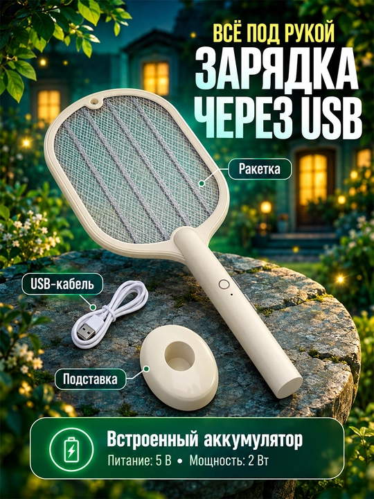 Электрическая мухобойка-ракетка 2-в-1 с УФ-подсветкой и USB-зарядкой