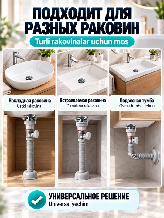 Слив для раковины универсальный нажимной с гибкой трубой, донный клапан