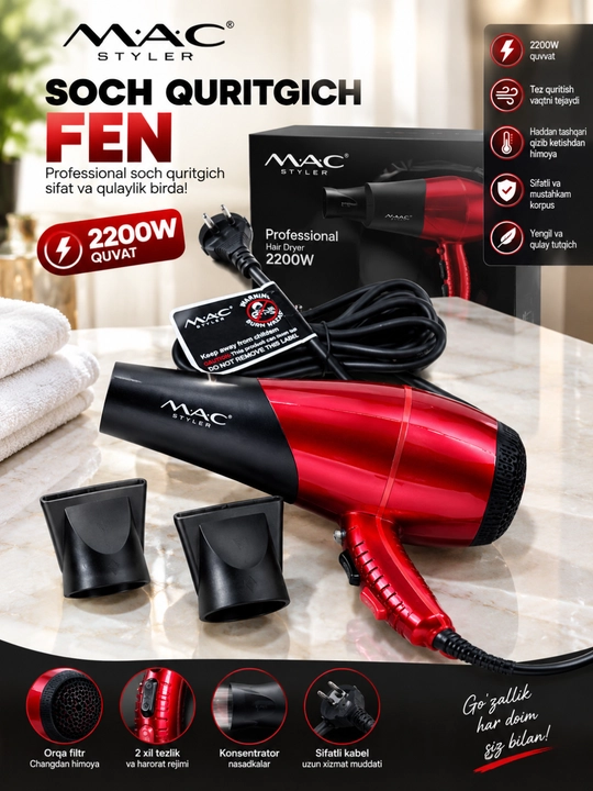 MAC Styler MC-9900A soch quritgich feni 2200 W, 2 ta nasadka bilan, qizil-qora