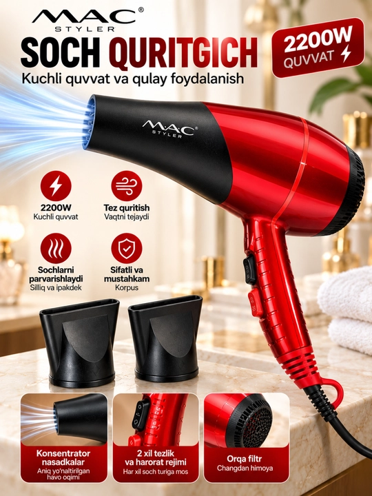 MAC Styler MC-9900A soch quritgich feni 2200 W, 2 ta nasadka bilan, qizil-qora