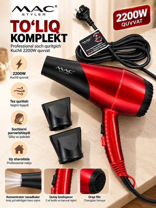 MAC Styler MC-9900A soch quritgich feni 2200 W, 2 ta nasadka bilan, qizil-qora