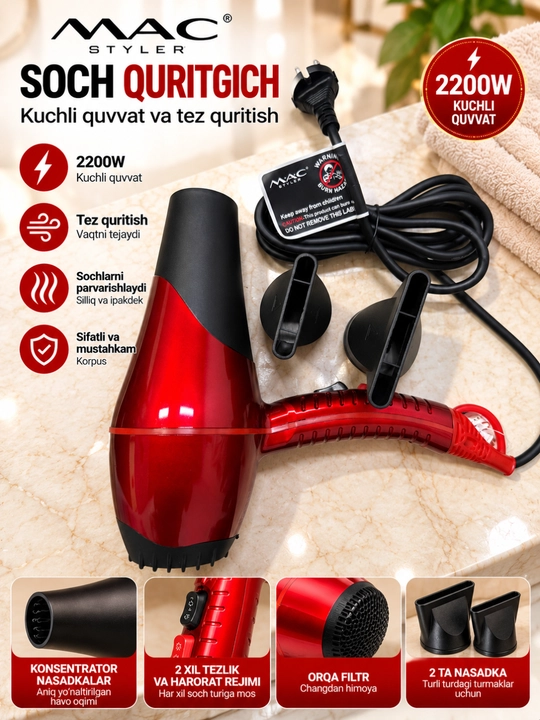 MAC Styler MC-9900A soch quritgich feni 2200 W, 2 ta nasadka bilan, qizil-qora