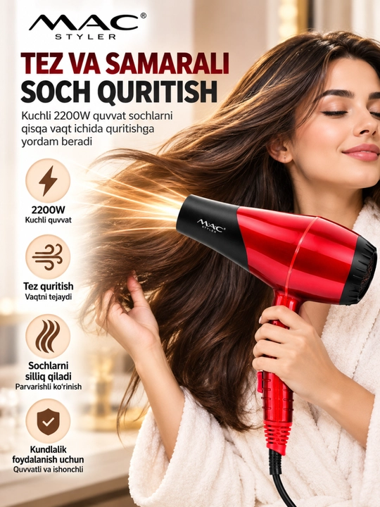 MAC Styler MC-9900A soch quritgich feni 2200 W, 2 ta nasadka bilan, qizil-qora
