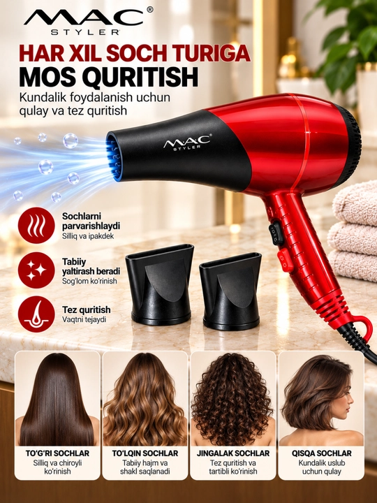 MAC Styler MC-9900A soch quritgich feni 2200 W, 2 ta nasadka bilan, qizil-qora
