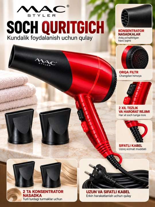MAC Styler MC-9900A soch quritgich feni 2200 W, 2 ta nasadka bilan, qizil-qora