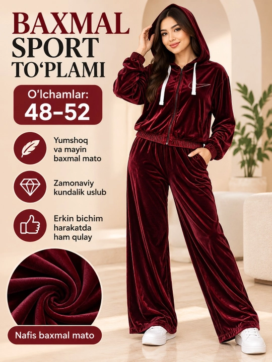 Ayollar uchun velur kostyum, 48–52 o‘lcham