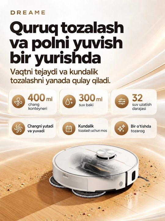 Dreame L50 robot-changyutgichi, nam va quruq tozalash, 25000 Pa, AKB 5200 MAh, Wi-Fi