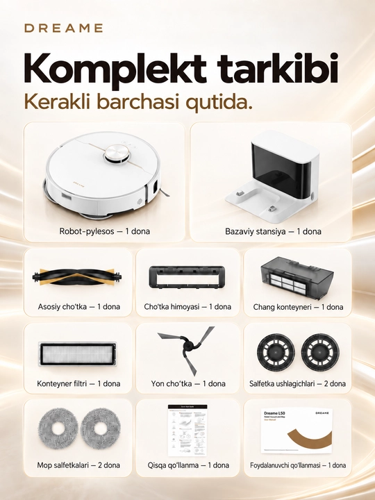 Dreame L50 robot-changyutgichi, nam va quruq tozalash, 25000 Pa, AKB 5200 MAh, Wi-Fi