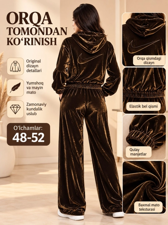 Ayollar uchun velur kostyum, 48–52 o‘lcham