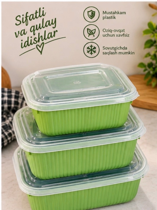 Набор пластиковых контейнеров для хранения продуктов, зелёные, с прозрачными крышками,