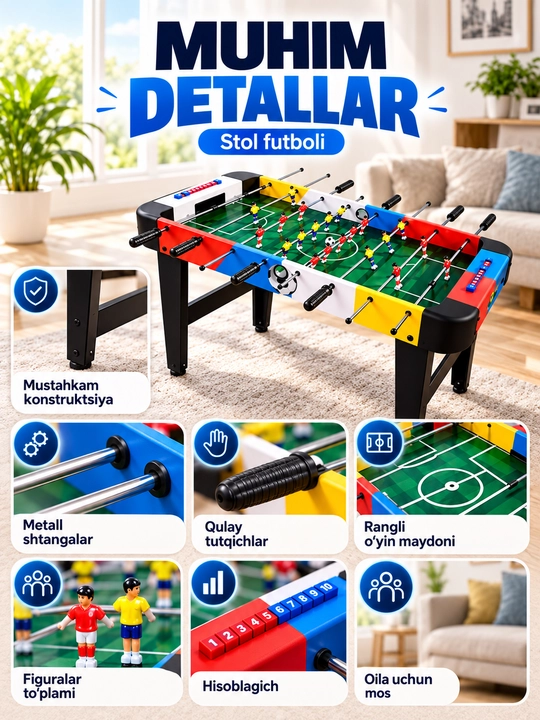 Bolalar va kattalar uchun stol futboli kikeri, o‘yin stoli, 92×46×69,5 sm