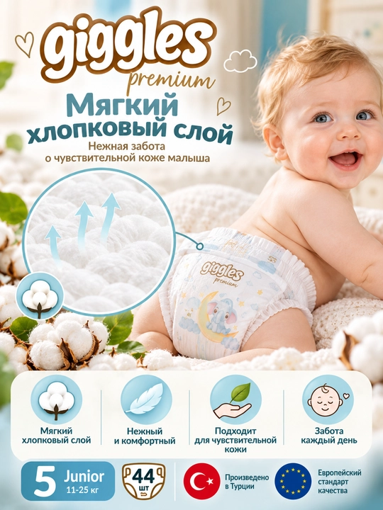 GIGGLES PREMIUM подгузники 5 размер 44 штуки