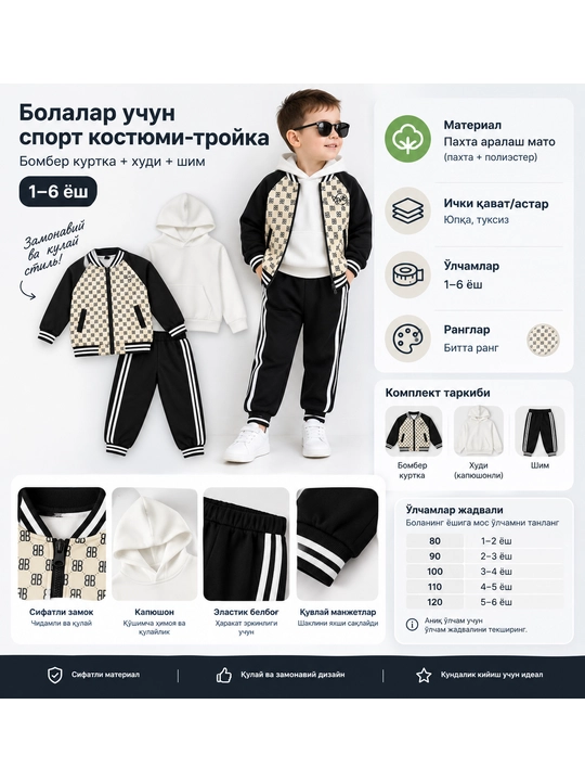 Детский спортивный костюм-тройка для мальчика, бомбер, худи с капюшоном, брюки, 1–6 лет - 