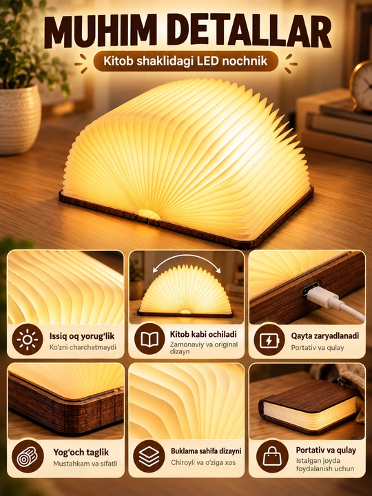 Ночник-книга светодиодный, складной светильник Book Lamp с USB зарядкой
