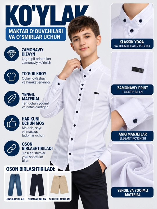 Bolalar va o`smir yoshdagi bolalar uchun yengi uzun ko`ylak, tor fason, bahor-kuz