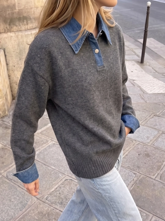 Ayollar trikotaj sviteri, jinsi yoqali va uzun yengli - UNCHA STORE