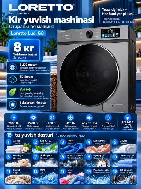 Стиральная машина LORETTO Luci G8, 8 кг, 3D Steam, BLDC мотор, A+++