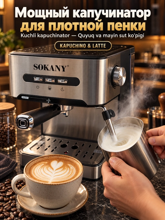 SOKANY SK-6863 qahva mashinasi espresso, 15 bar, 1.6L, sut ko'pik uchun bug' trubkasi