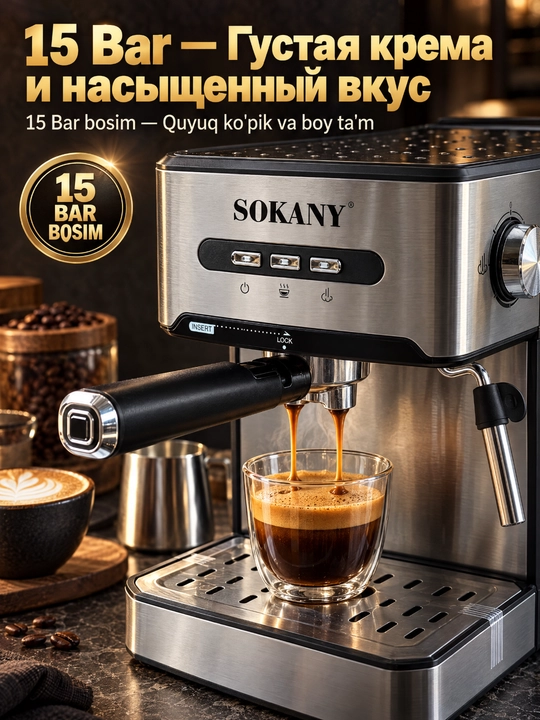 SOKANY SK-6863 qahva mashinasi espresso, 15 bar, 1.6L, sut ko'pik uchun bug' trubkasi
