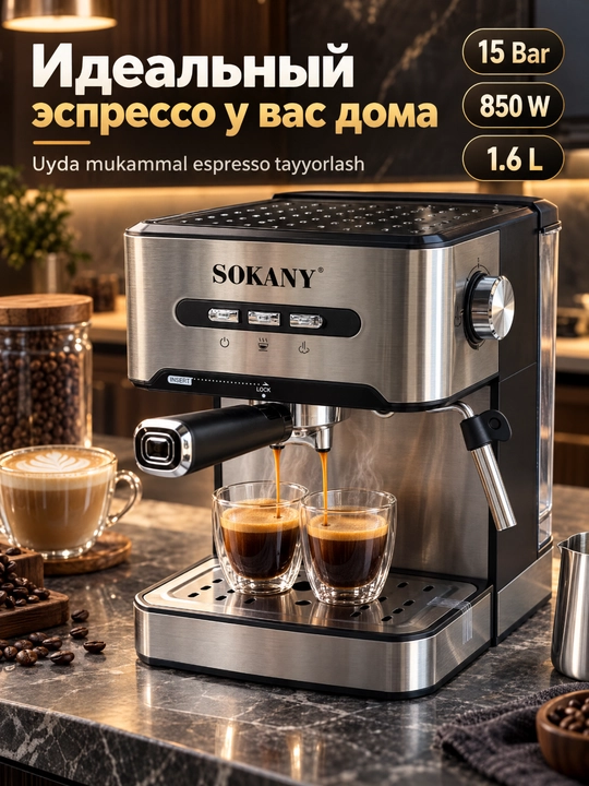 SOKANY SK-6863 qahva mashinasi espresso, 15 bar, 1.6L, sut ko'pik uchun bug' trubkasi