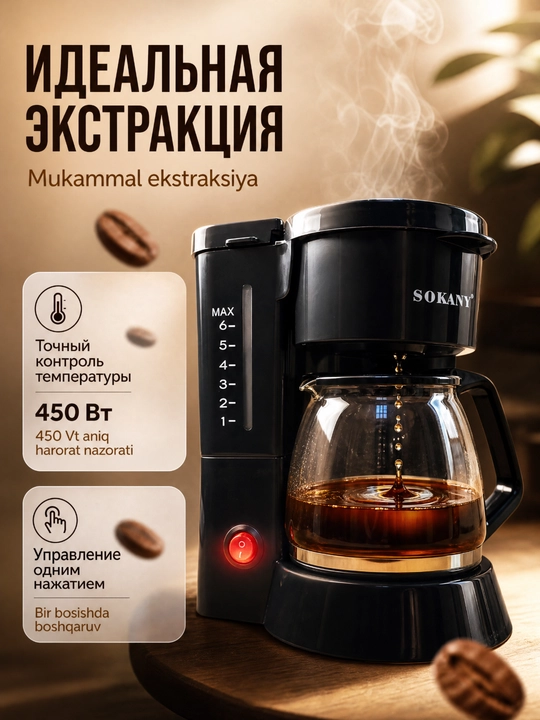Кофеварка капельного типа SOKANY SK-04048, 450 Вт, резервуар 850 мл