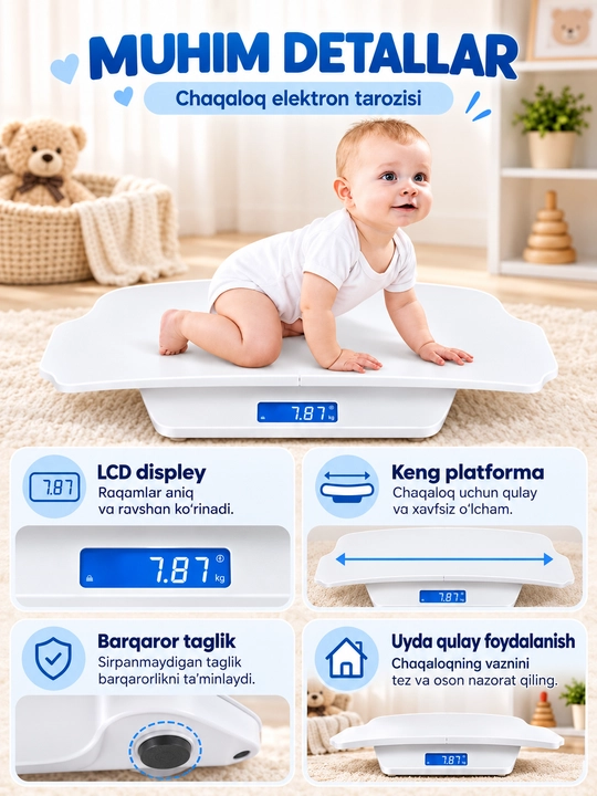 Весы электронные для новорожденных с LCD-дисплеем и ростомером, белые