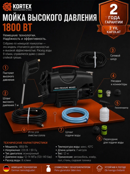 MOON 1800W yuqori bosimli uskunasi uy va avtomobil uchun kuchli yuvish vositasi