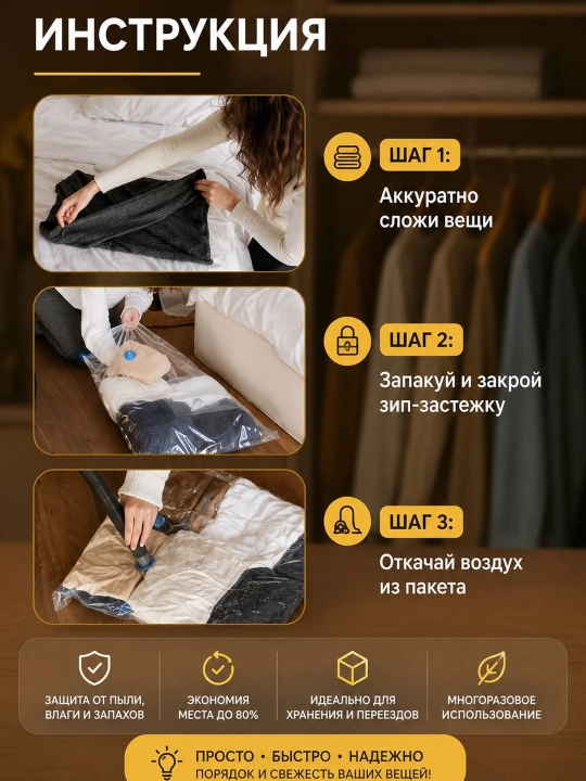 Vakuum paketlar buyumlar uchun, 5 dona, qo‘l nasosi bilan, joy tejash