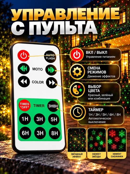 Lazerli proyektor RGB, yangi yil chirog‘i, hovli va uy fasadi uchun, pult va taymerli