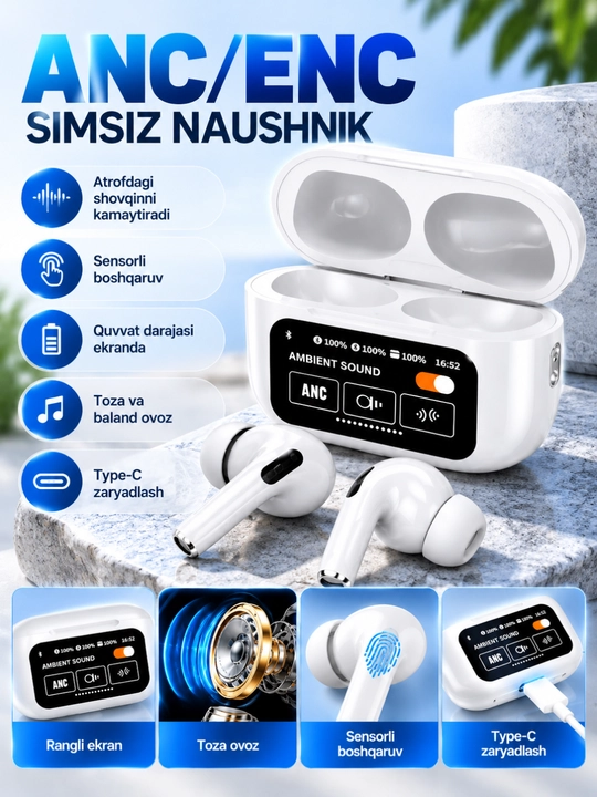 Simsiz Bluetooth naushnik ANC/ENC, sensorli ekranli zaryad qutisi, Type-C, qora va oq