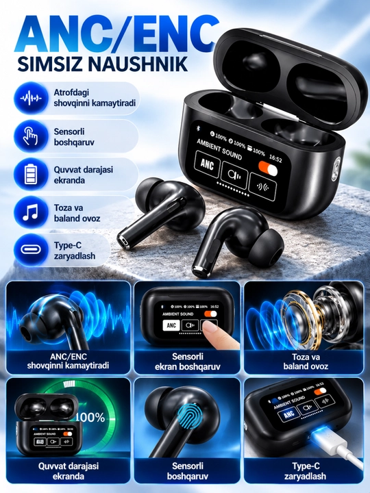 Simsiz Bluetooth naushnik ANC/ENC, sensorli ekranli zaryad qutisi, Type-C, qora va oq