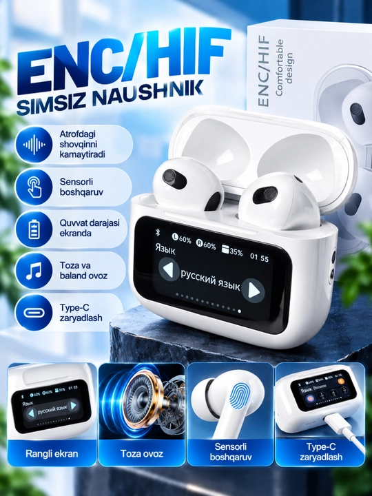 Simsiz Bluetooth naushnik ANC/ENC, sensorli ekranli zaryad qutisi, Type-C, qora va oq - 