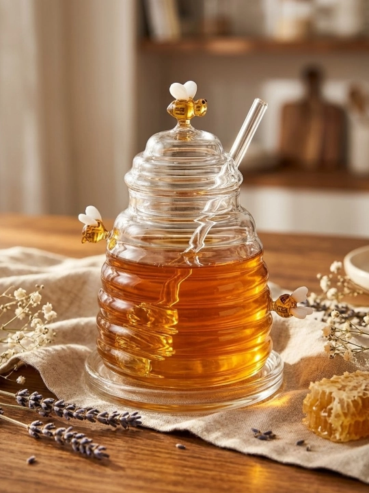 Asal uchun qopqoqli va maxsus qoshiqli shisha banka