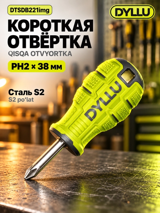 Отвёртка короткая DYLLU DTSDB221img PH2, 38 мм, магнитная, сталь S2 - 