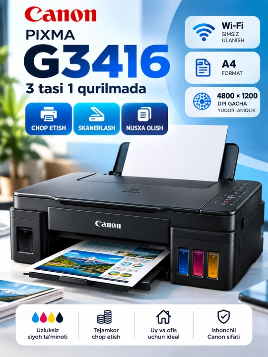 Canon PIXMA G3430, G3416, G3410 — Uy va ofis uchun rangli printer 3 tasi 1 da, Wi-Fi