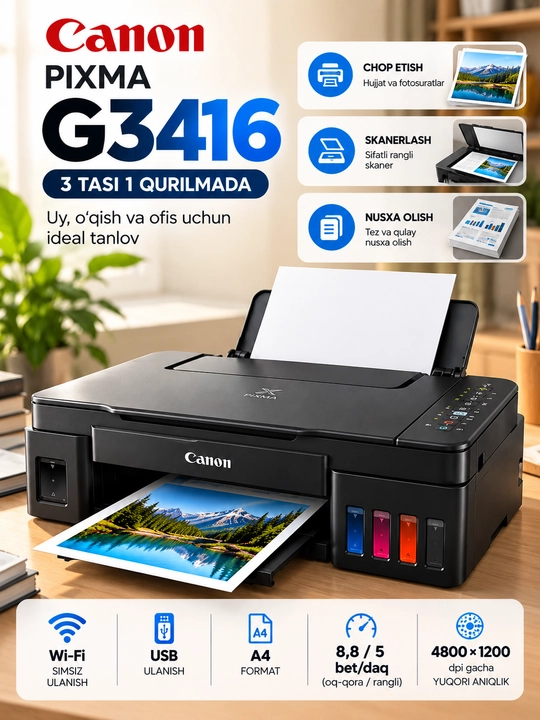 Canon PIXMA G3430, G3416, G3410 — Uy va ofis uchun rangli printer 3 tasi 1 da, Wi-Fi