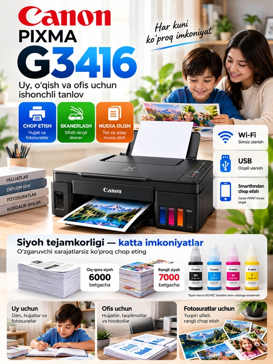 Canon PIXMA G3430, G3416, G3410 — Uy va ofis uchun rangli printer 3 tasi 1 da, Wi-Fi