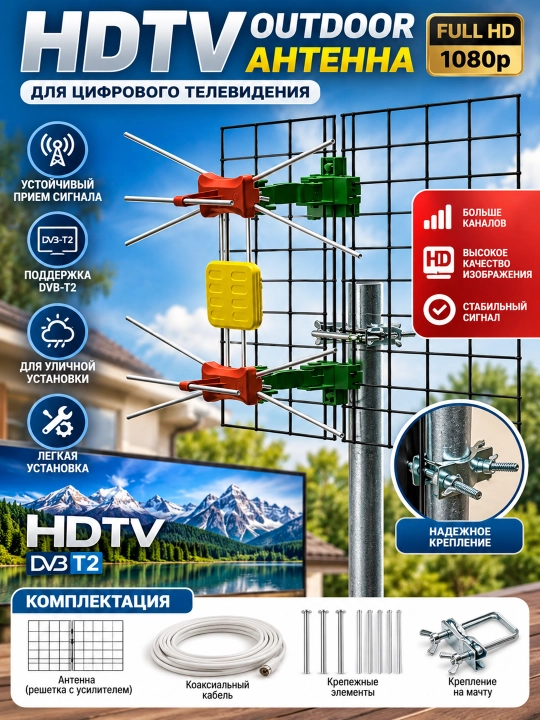 Уличная антенна HDTV DVB-T2 Full HD 1080p с усилителем для цифрового телевидения - 