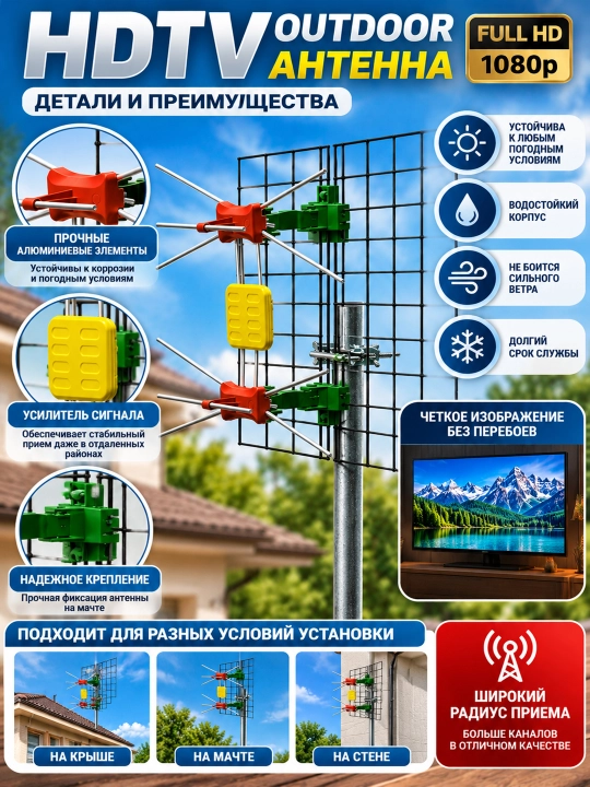 HDTV DVB-T2 Tashqi Antenna Full HD 1080p Raqamli TV uchun Kuchaytirgichli Antenna