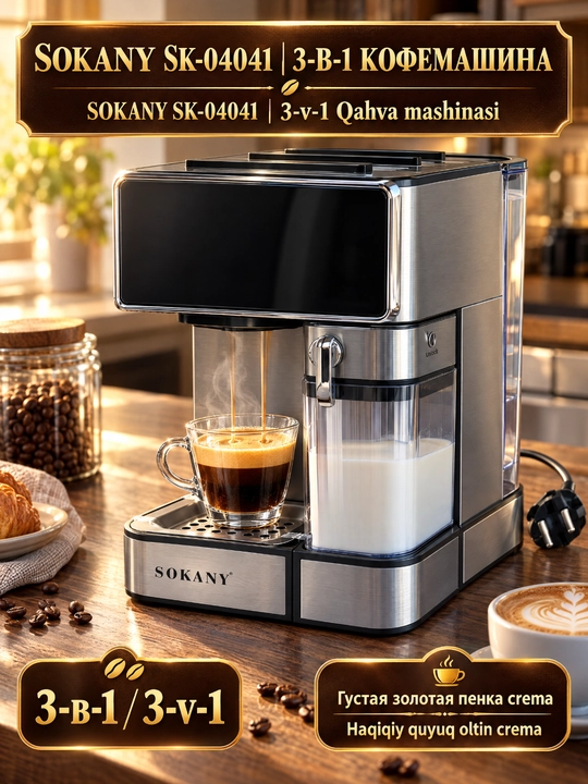 SOKANY SK-04041 3 ta 1 da qahva mashinasi, sensorli ekran, 1,8 litrli bak, quvvati 800 Vt