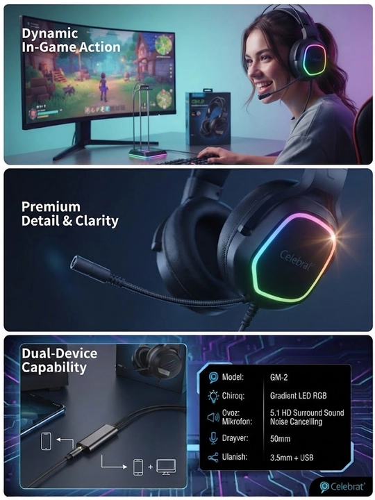 Игровые наушники Celebrat GM-2, с микрофоondan, RGB подсветкой, 3.5 мм / USB - 