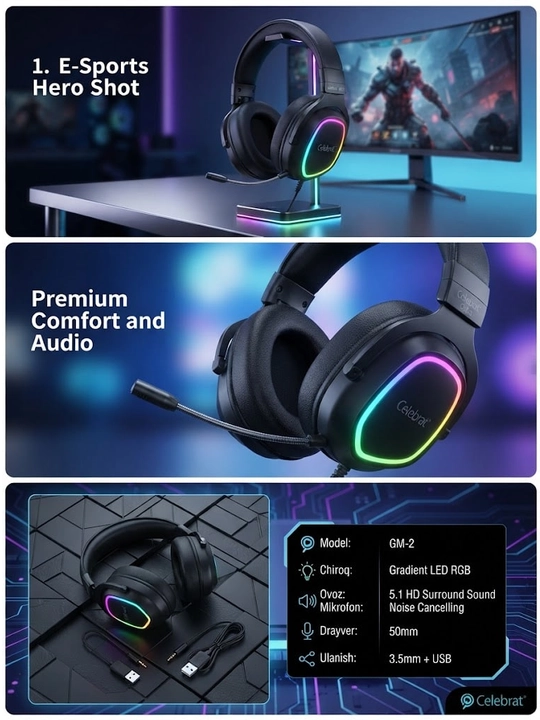 O'yin uchun quloqchin Celebrat GM-2, mikrofonli, RGB chiroqli, 3.5 mm / USB