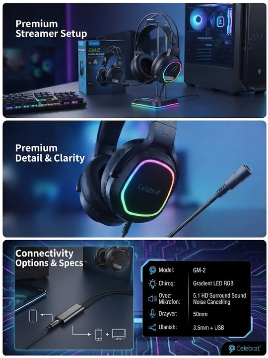 O'yin uchun quloqchin Celebrat GM-2, mikrofonli, RGB chiroqli, 3.5 mm / USB