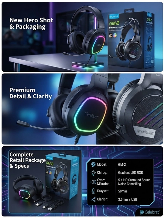 O'yin uchun quloqchin Celebrat GM-2, mikrofonli, RGB chiroqli, 3.5 mm / USB